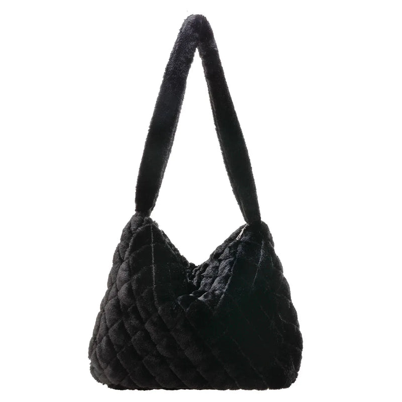 Soft Plush Shopper Bag Casual Women Purses Fluffy Solid Rhombus Pattern Satchel