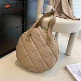 Round Cotton Padded Shoulder Bag Rhombus Pattern Zipper Travel Purse