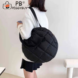Round Cotton Padded Shoulder Bag Rhombus Pattern Zipper Travel Purse