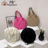 Round Cotton Padded Shoulder Bag Rhombus Pattern Zipper Travel Purse