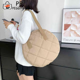 Round Cotton Padded Shoulder Bag Rhombus Pattern Zipper Travel Purse