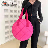 Round Cotton Padded Shoulder Bag Rhombus Pattern Zipper Travel Purse