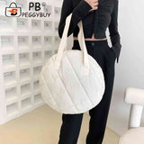 Round Cotton Padded Shoulder Bag Rhombus Pattern Zipper Travel Purse