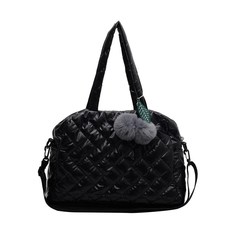 Quilted Shoulder Bag Pompom Pendant Large Capacity Nylon Crossbody Bag
