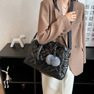 Quilted Shoulder Bag Pompom Pendant Large Capacity Nylon Crossbody Bag