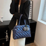 Quilted Shoulder Bag Pompom Pendant Large Capacity Nylon Crossbody Bag