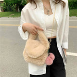 Soft Plush Fur Satchel Bag with Pompom Pendant