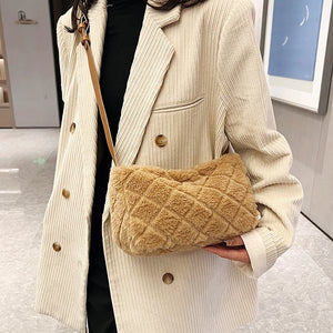 Plush Fluffy Messenger Bag Rhombus Pattern Shoulder Bag Casual Crossbody Bag
