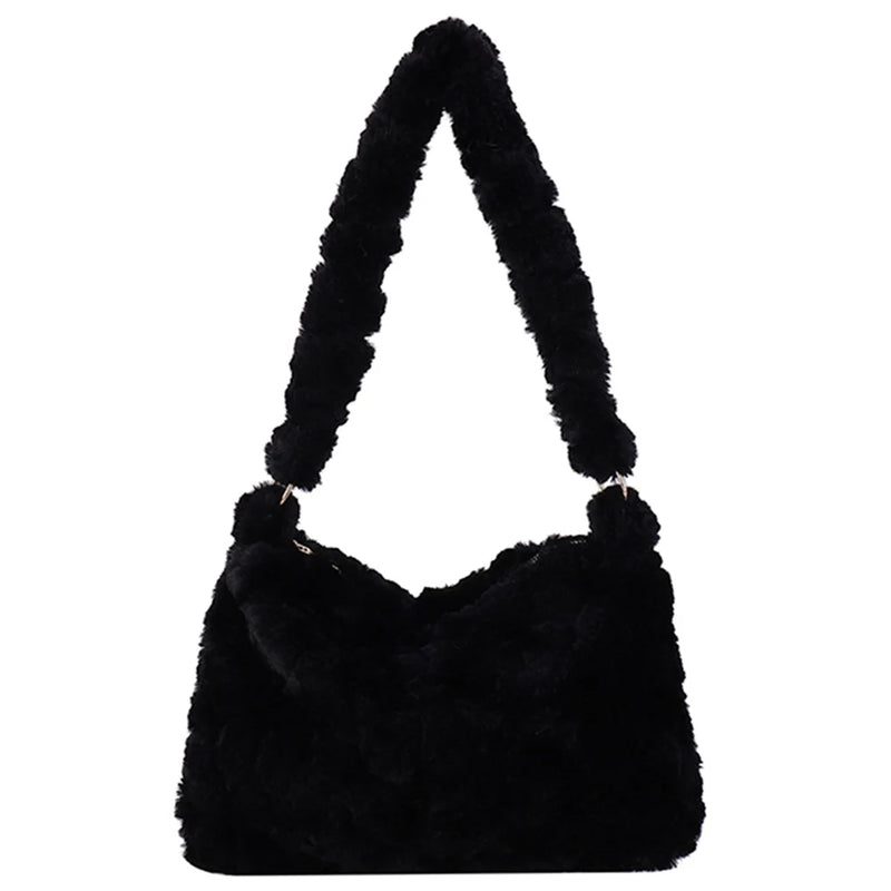 Autumn Winter Shoulder Handbag Plush Zip Small Travel Work Bag for Ladies