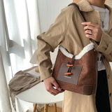 Vintage Ladies Messenger Bag Lamb Wool Stitching Large Capacity Soft