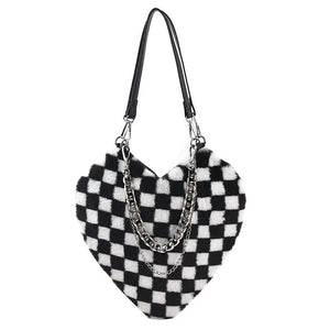 Women Chains Plaid Plush Shoulder Bag Love Heart Shape Tote