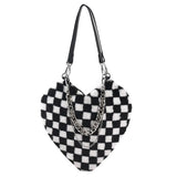 Women Chains Plaid Plush Shoulder Bag Love Heart Shape Tote