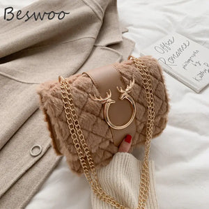 Plush Deer Crossbody Bag Chain Flap Small Square Bags for Women