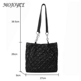 Quilted Cotton Padded Tote Bag Chain Solid Satchel