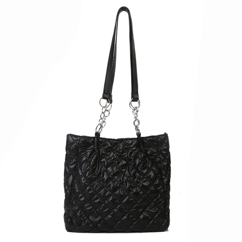 Quilted Cotton Padded Tote Bag Chain Solid Satchel