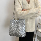 Quilted Cotton Padded Tote Bag Chain Solid Travel Satchel