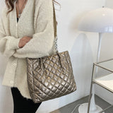 Quilted Cotton Padded Tote Bag Chain Solid Travel Satchel