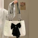 Women's Chain Shoulder Bag Casual Bowknot Canvas Handbag