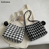 Autumn Woolen Shoulder Bags Plaid Vintage Bucket Bag Large Capacity Tote Handbag
