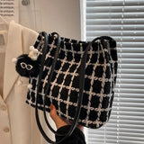 Autumn Woolen Shoulder Bags Plaid Vintage Bucket Bag Large Capacity Tote Handbag