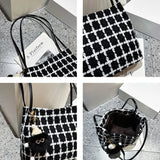 Autumn Woolen Shoulder Bags Plaid Vintage Bucket Bag Large Capacity Tote Handbag