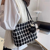 Autumn Woolen Shoulder Bags Plaid Vintage Bucket Bag Large Capacity Tote Handbag