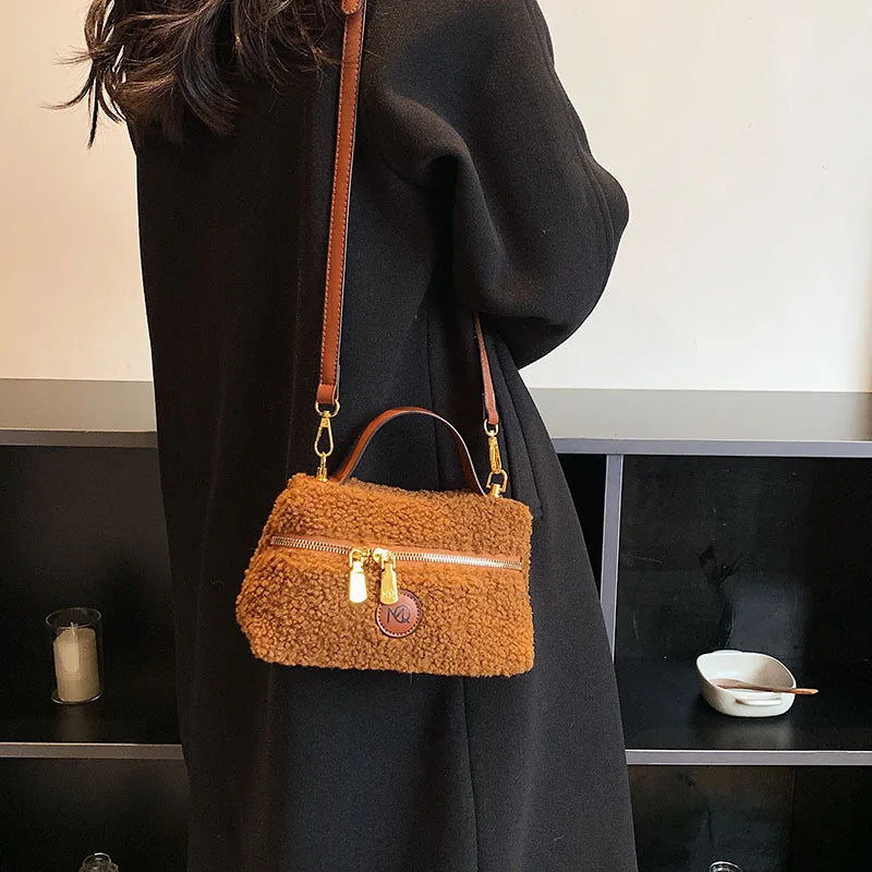 Vintage Small Bag for Women Lamb Hair Bucket Bag