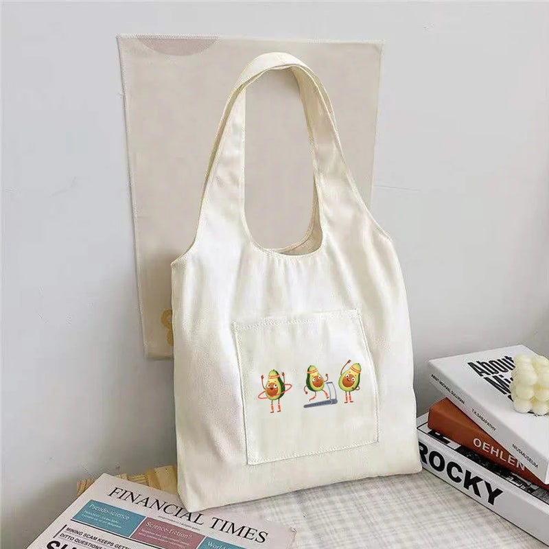 Avocado Pattern Canvas Shoulder Bag Large Capacity Shopping Casual Tote