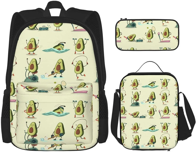 Avocado Exercise School Backpack Pencil Case Lunch Bag Set