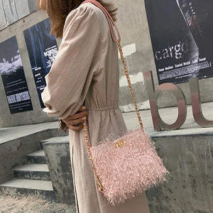 Women Winter Tassels Plush Bag Chain Shoulder Satchel