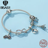 925 Silver Airplane Pendant Eiffel Tower Charm Bracelet Family Gift