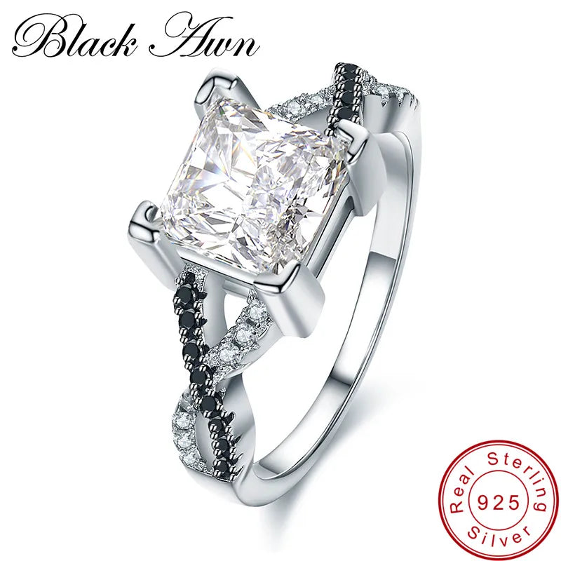 [BLACK AWN] 925 Sterling Silver Rings Engagement Bague Female Wedding Rings