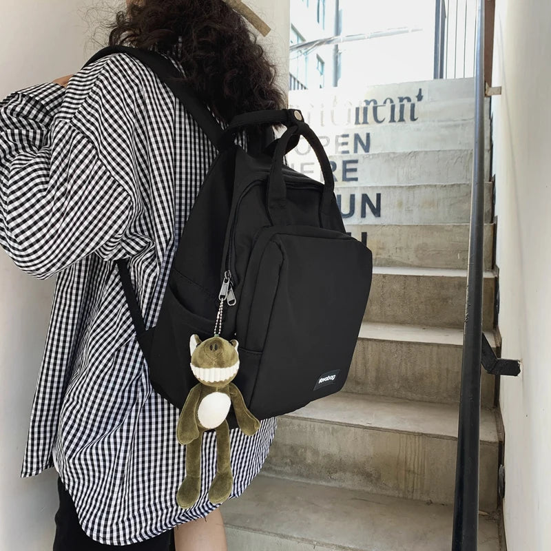 Women Double Handle Schoolbag For Teenagers Nylon Solid Shoulder Bag
