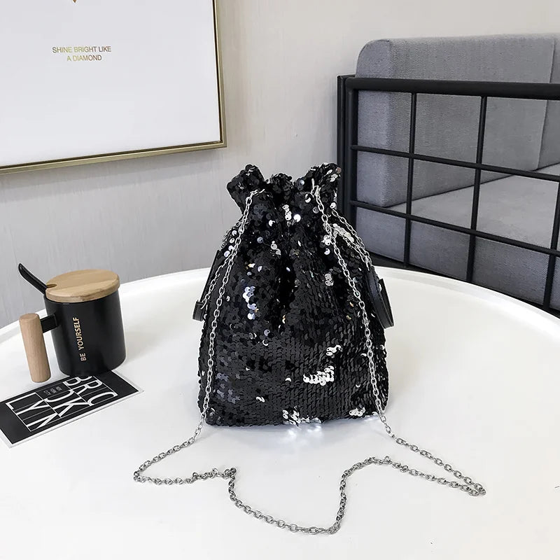 Sequin Bucket Handbag Chain Shoulder Crossbody Bag Female