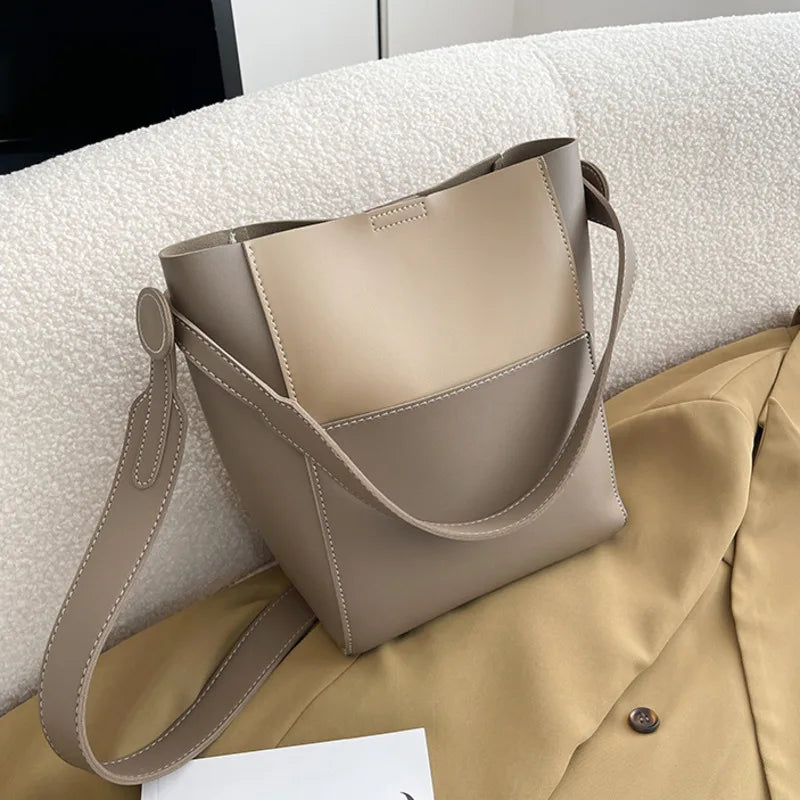 Large Capacity Leather Bucket Shoulder Crossbody Bag Vintage Style