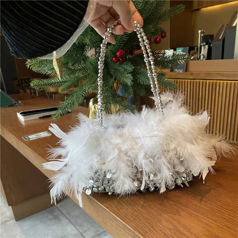 Feathers Evening Wedding Handbags For Women Sequin Clutch Bags