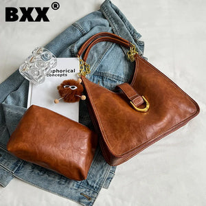 Vintage Metal Chain Bucket Bags For Women High Solid PU Leather Handbag