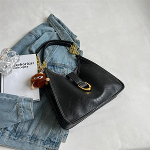 Vintage Metal Chain Bucket Bags For Women High Solid PU Leather Handbag
