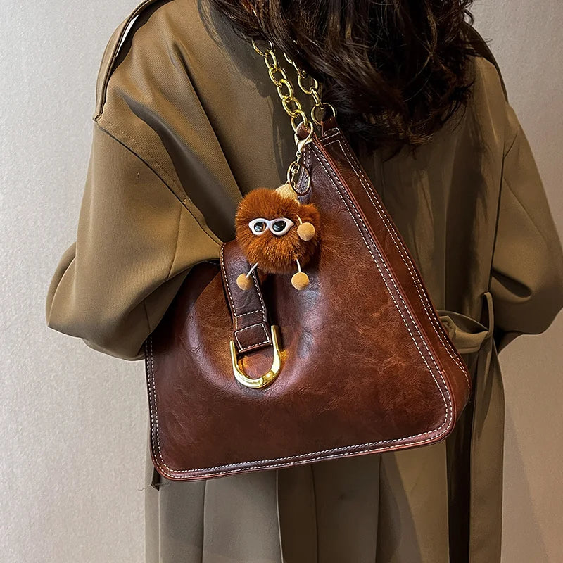 Vintage Metal Chain Bucket Bags For Women High Solid PU Leather Handbag