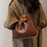 Vintage Metal Chain Bucket Bags For Women High Solid PU Leather Handbag