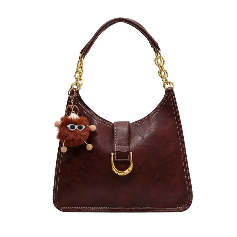 Vintage Metal Chain Bucket Bags For Women High Solid PU Leather Handbag