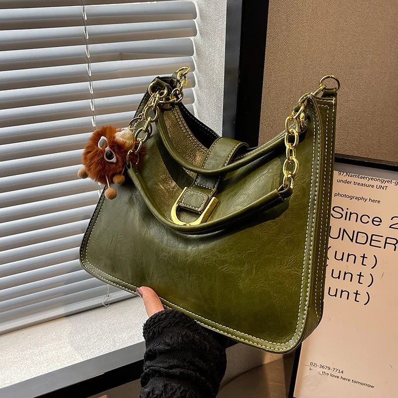 Vintage Metal Chain Bucket Bags For Women High Solid PU Leather Handbag