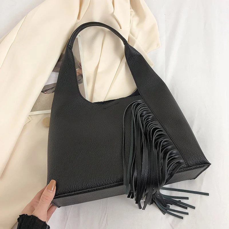 Stylish Large Capacity PU Leather Tassel Armpit Bag for Women