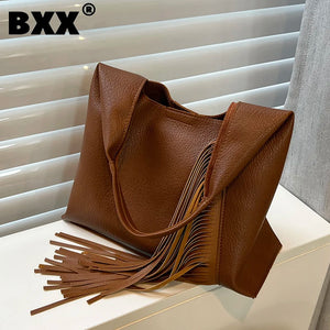 Stylish Large Capacity PU Leather Tassel Armpit Bag for Women