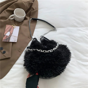Solid Plush Bucket Shoulder Crossbody Bag Metal Chain Messenger Shopping 8Q0139
