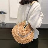 Solid Plush Bucket Shoulder Crossbody Bag Metal Chain Messenger Shopping 8Q0139