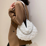 Solid Plush Bucket Shoulder Crossbody Bag Metal Chain Messenger Shopping 8Q0139