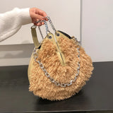 Solid Plush Bucket Shoulder Crossbody Bag Metal Chain Messenger Shopping 8Q0139