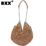 Solid Plush Bucket Shoulder Crossbody Bag Metal Chain Messenger Shopping 8Q0139