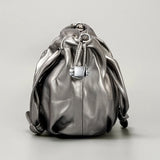 Metallic Gray Laser Leather Pattern Drawstring Bag Crossbody Shoulder Bag